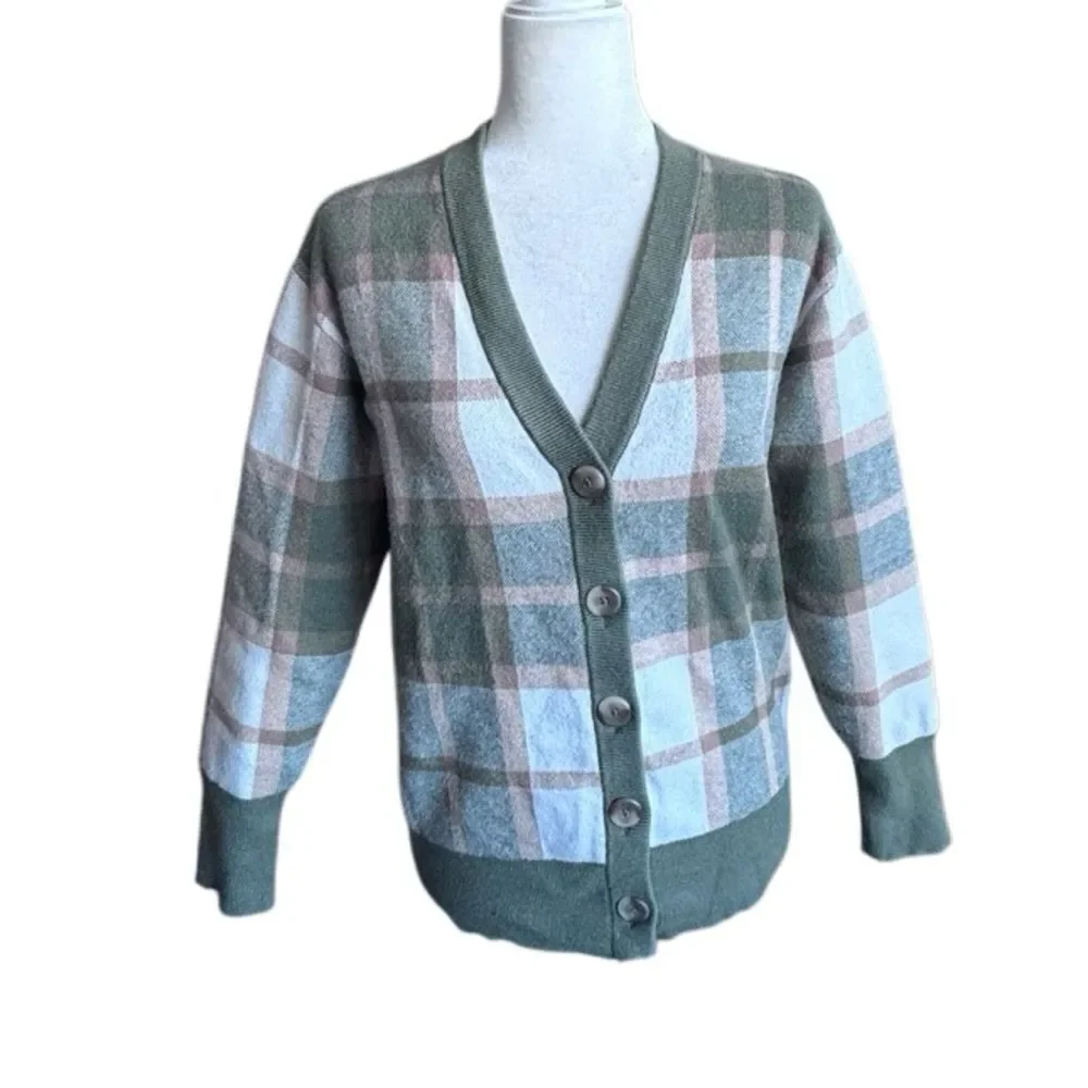 Rachel Zoe Plaid Sweater Brown Green White Cardigan Preppy Classic SZ XS